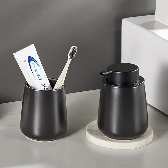 12Oz Black Foaming Soap Dispenser - Ceramic Foam Hand Soap Dispenser Set with Easy-to-Press Pump, Refillable Liquid Dish Soap Dispensers for Bathroom and Kitchen, 2 Pack-NeatNest