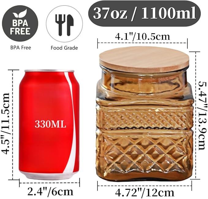 ANSQU Square Glass Jar, 37 Fl oz Candy Jar with Lid, Glass Food Storage Containers for Ground Coffee, Tea, Sugar, Decorative Mason Jar (Yellow)