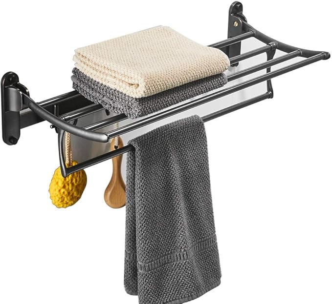 BESy 24 Inch Oil Rubbed Bronze Towel Racks, Bathroom Towel Shelf with Foldable Towel Bar Holder and Towel Hooks, Wall Mounted Multifunctional Bathroom Accessories, Double Towel Bars-NeatNest