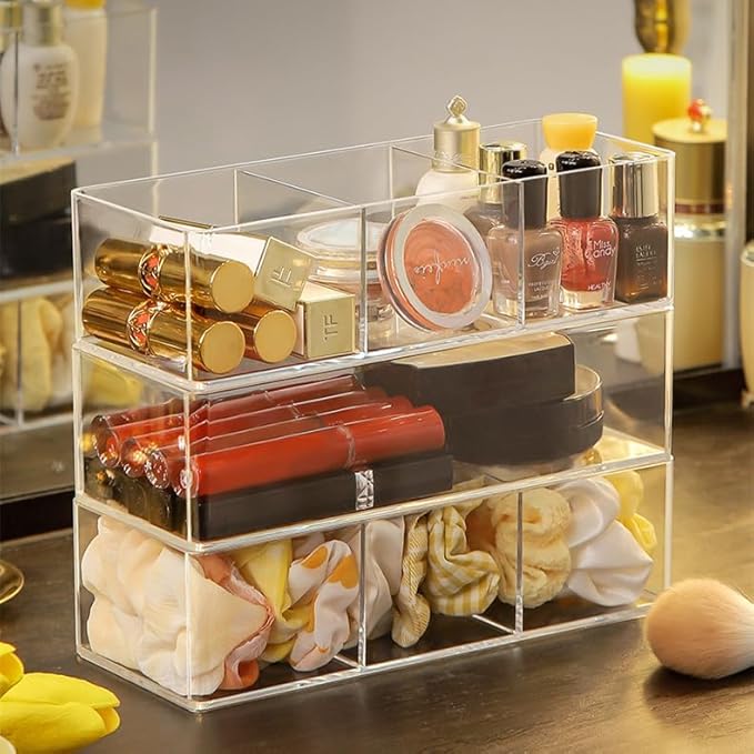 Stackable Clear Drawer Organizers Small Makeup Vanity Storage Bins Trays and Office Desk Drawer Dividers Triple Compartments 2 Pack-NeatNest