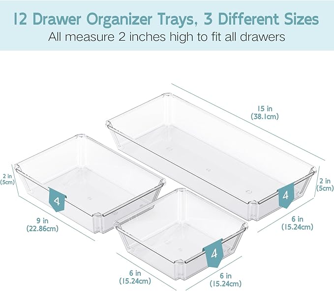 12 Pack Large Clear Plastic Drawer Organizer Trays, Desk Drawer Organizers and Storage Dividers, Non-Slip Storage Bins for Jewelry, Snacks, Office, Bathroom, Bedroom and Kitchen-NeatNest