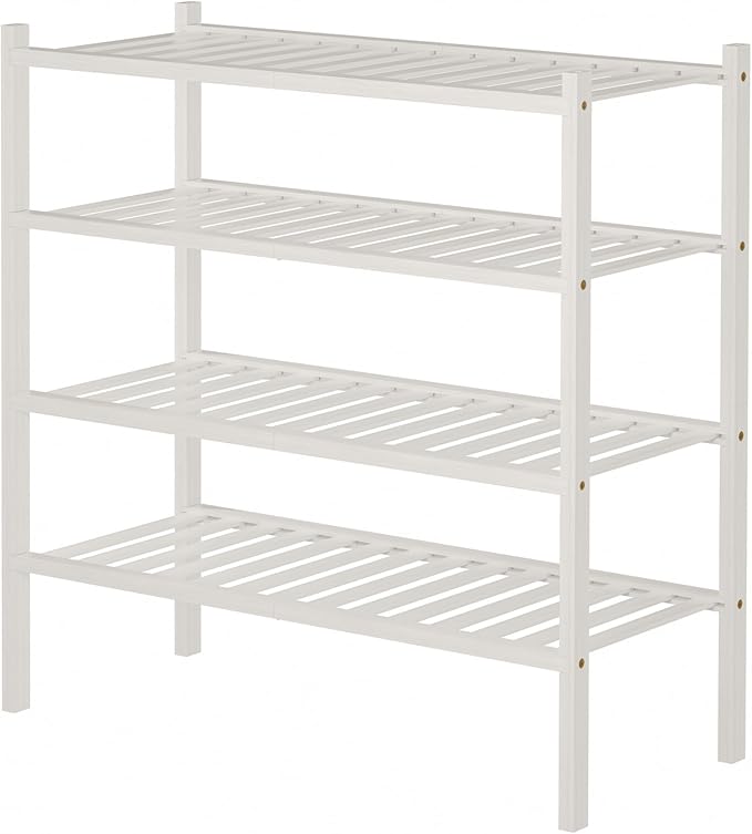 4 Tier Bamboo Shoe Rack for Closet Free Standing Wood Shoe Shelf for Entryway Small Space Stackable 27"x11"x26" (White)-NeatNest