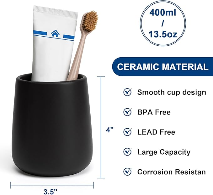 Bathroom Tumbler Cup Ceramic 13.5oz Reusable Toothbrush Cup 400ml, Toothbrush Holder Adequate for Your Bathroom (Black Brown)
