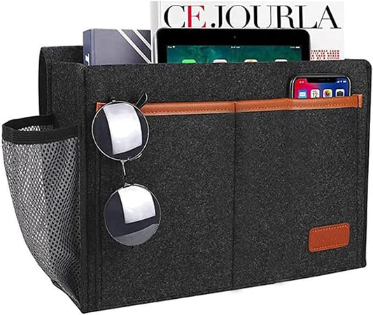 Bedside Caddy,Felt Bedside Storage Organizer, Hanging Storage for Dorm Bed Sofa for tablet Magazine Phone Remotes and Water Bottle Holder (Black)-NeatNest