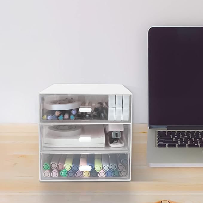 Desk Organizer with Drawer, Desk Storage Box, Plastic Office Stationery Supplies Organizers, Desktop Organizer for Office School Home (3 drawer, White)-NeatNest