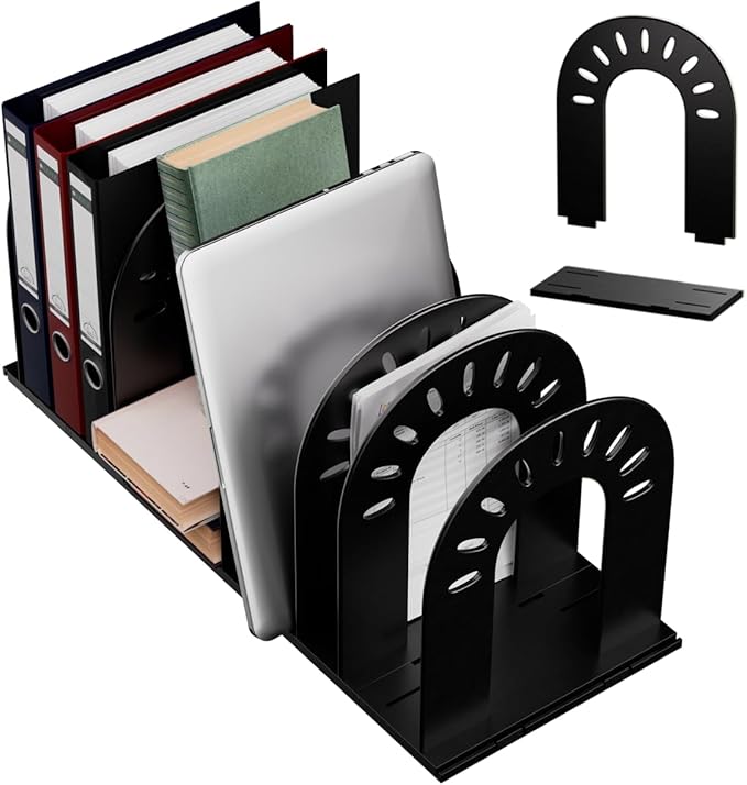 Adjustable File Organizer for Desk, Sturdy Plastic Expandable Upright File Holder for Notebooks, Magazines, Desktops, Bookshelves and Offices, Easy to Assemble and Expand (Black)
