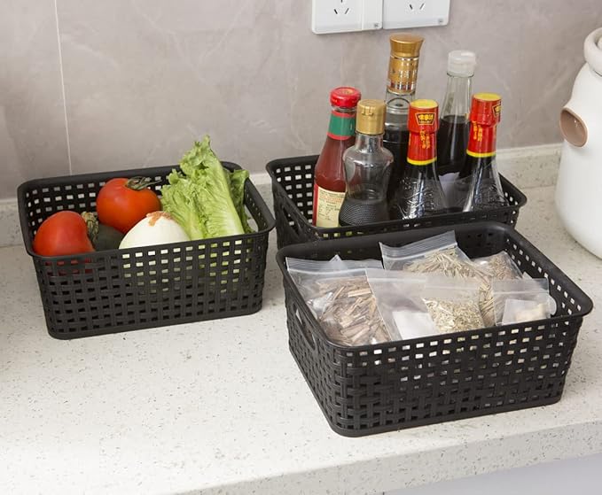 Black Plastic Woven Storage Baskets, 6-Pack Weave Basket Organizer for Kitchen Office Bathroom-NeatNest