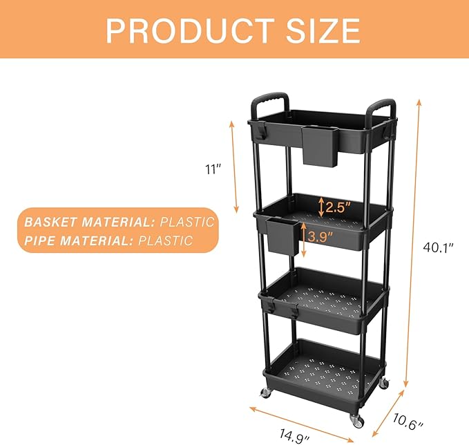 4 Tier Rolling Utility Cart with Handle,REBECAT Utility Cart Made of Multifunctional Storage Organizer Tool for Kitchen,Bathroom,Living Room,Office(Black)