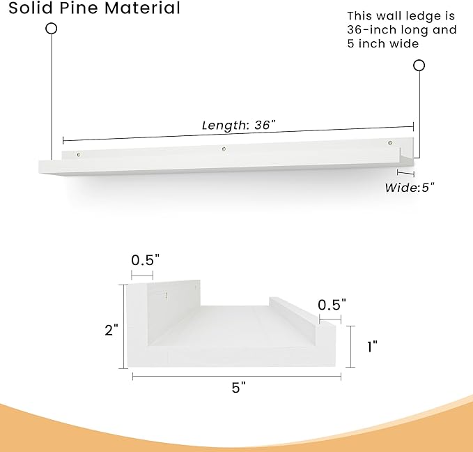 Floating Shelves for Wall, 36 inch Solid Wood Picture Ledge Shelf, Picture Shelf for Wall with Ledge, Floating Book Shelves for Living Room Bedroom Kitchen Nursery Decor, White, Set of 2
