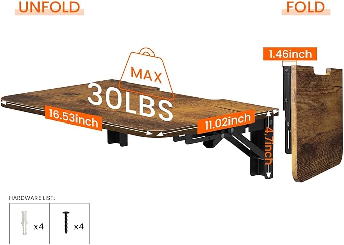 Homode Projector Shelf for Wall, Foldable Floating TV Shelf, Wall Mount DVD Shelf with Heavy-Duty Brackets Under TV for Cable Box, Games Console, 16.5 x 11 Inches, Rustic Brown