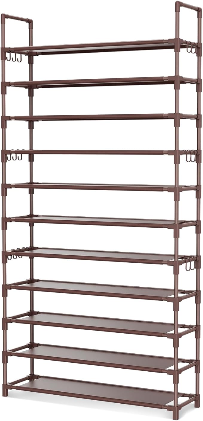 11 Tiers Tall Shoe Rack Holds 55 Pairs of Shoes with 18pcs Hooks Sturdy Wide Shoe Organizer Storage Free Standing Metal Shoe Shelf for Closet, Entryway Brown-NeatNest