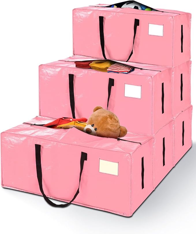 12 Pack Extra Large Moving Bags, Heavy Duty Packing Bags with Zippers and Handles for Space Saving, Clothes Storage, College Essentials, Travel, Pink