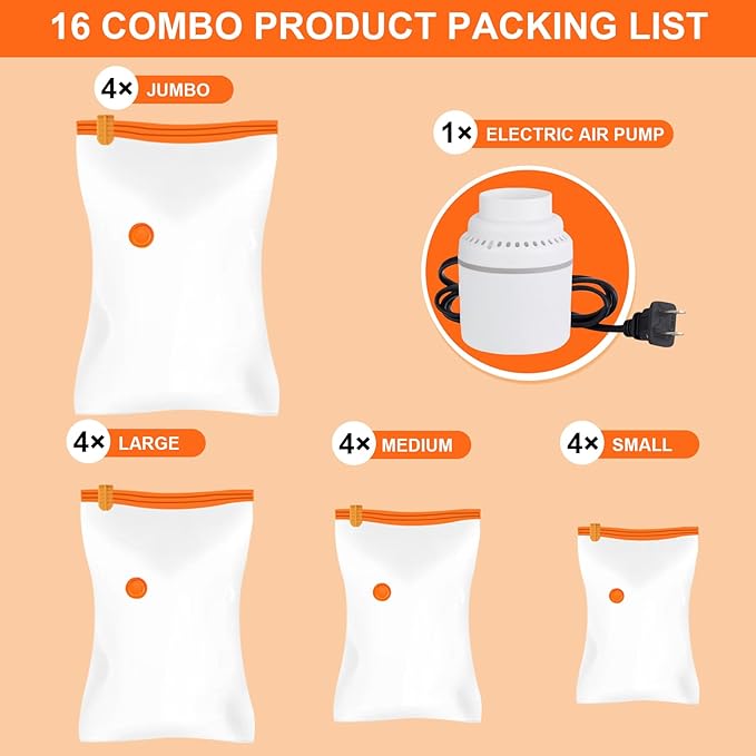 AGPTEK 16 Pack Vacuum Storage Bags(4 Jumbo/Large/Medium/Small) Compression Storage Bags for Blankets Clothes, Space Saver Vacuum Seal Bags for Clothing Bedding Travelling Luggage(Electric Pump)-NeatNest