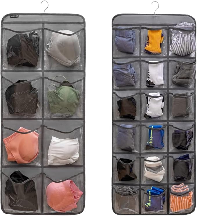 Dual-Sided Hanging Closet Organizer for Socks Underwear Bra Kids Storage Organizer for Baby Clothes Toddler Shoes with 26 Pockets (Grey-Clear Pockets)-NeatNest