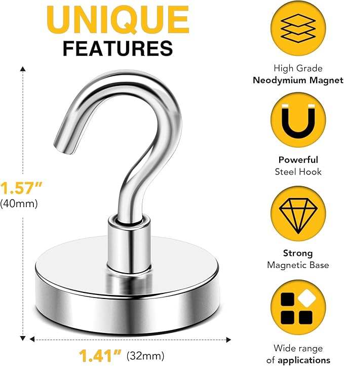 DIYMAG Magnetic Hooks, 150 LB Heavy Duty Strong Magnet with Hooks, Strong Rare Earth Neodymium Magnet Hooks for Hanging, Magnetic Hanger for Curtain, Home, Kitchen, Workplace, 10 Packs-NeatNest