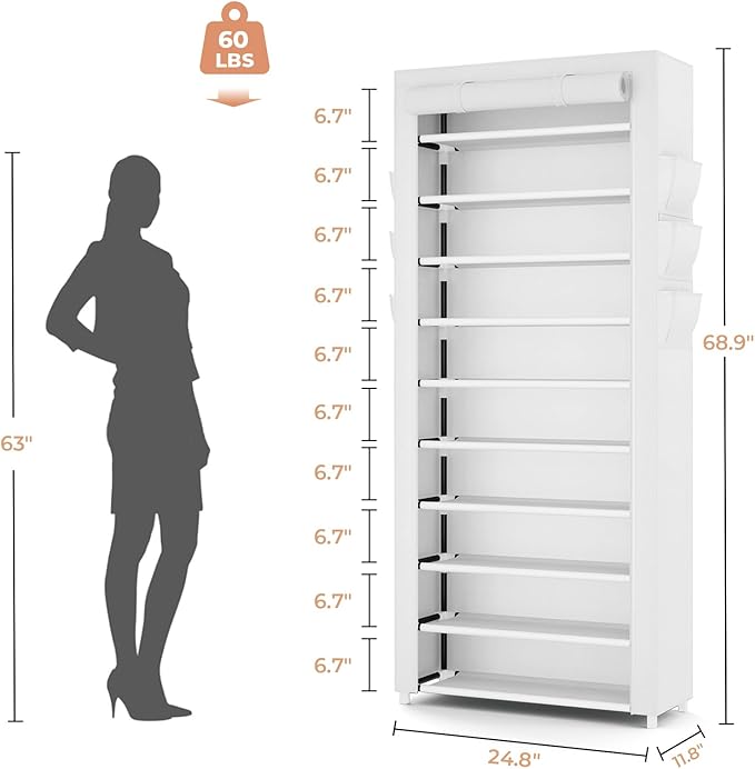 VTRIN Vertical Narrow Shoe Rack Organizer Tall Shoe Rack for Closet Entryway 10 Tier Non-Woven Cover Shoe Shelf Holds 36-41 Pairs Free Standing Shoe Storage Cabinet with Dustproof Cover, White-NeatNest