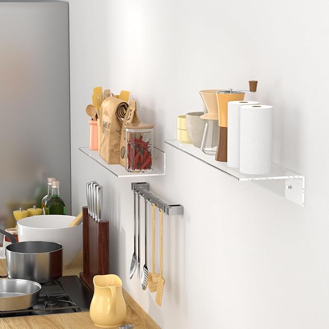FEMELI 2 PCS 24" Acrylic Floating Shelves, Clear Shelf for Display, Plant, Perfume, Book in Bedroom Living Room Office, 5mm Thick Wall-Mounted Acrylic Shelves for Wall