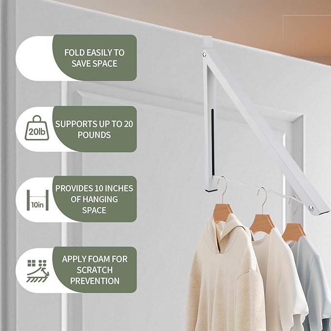 2 Pcs White Over The Door Hanger Organizer Drying Rack Collapsible Retractable Clothes Drying Rack Space Saver for Hanging Clothes Towels Bathrooms (White)