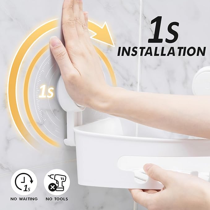 LEVERLOC Corner Shower Caddy Suction Cup, Shower Caddy Basket Powerful Suction Bathroom, Waterproof & Rustproof Organizer for Bathroom Storage, No-Drilling Removable (White)