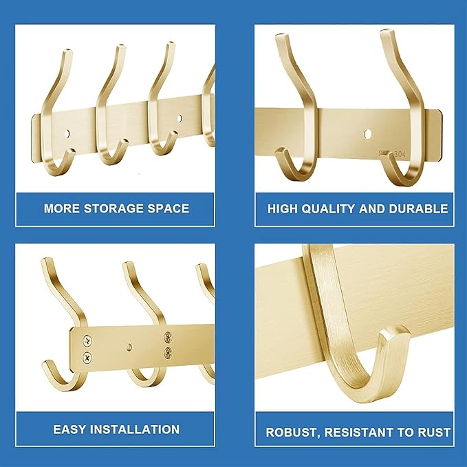 AZW Coat Rack Wall Mount,Heavy Duty Stainless Steel Metal Coat Hooks Hanging for Robes Bags Keys Hat Clothes and Bathroom Door Towels Hanger(Brusshed Brass Gold 6 Hooks)-NeatNest