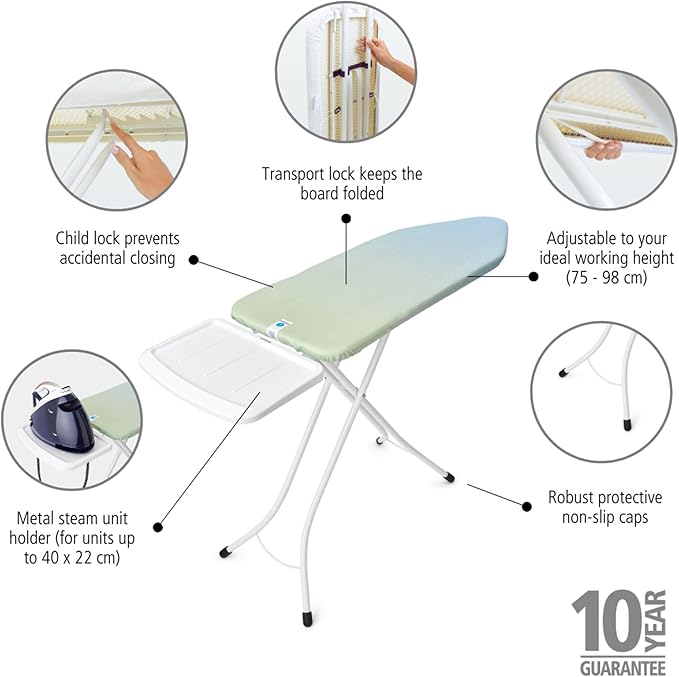 Brabantia - Ironing Board C - Extra Large Steam Unit Holder - Adjustable in Height - Non-Slip Rubber Feet - Cotton Cover with Foam Layer - Foldable XL Unit - Soothing Sea - 49 x 18 inches