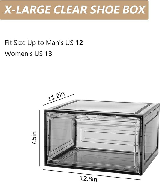 Clear Shoe Box Plastic Stackable Upgraded 6 Pack Shoe Storage Box Organizer with Clear Large Magnetic Door for Display Sneakers Easy Assembly, White-NeatNest