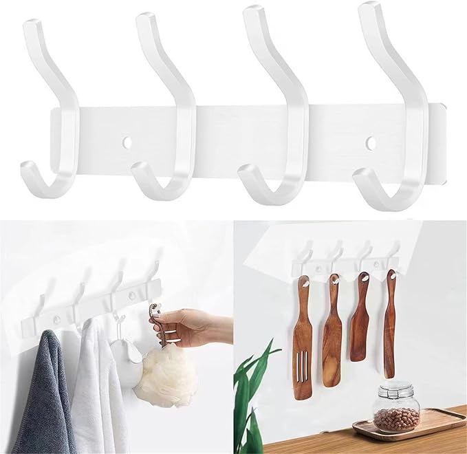 AZW Coat Rack Wall Mount,Heavy Duty Stainless Steel Metal Coat Hooks Hanging for Robes Bags Keys Hat Clothes and Bathroom Door Towels Hanger(White 4 Hooks)-NeatNest