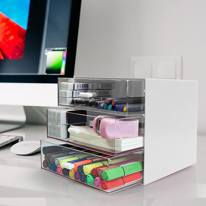 Desk Organizer with Drawer, Desk Storage Box, Plastic Office Stationery Supplies Organizers, Desktop Organizer for Office School Home (3 drawer, White)-NeatNest