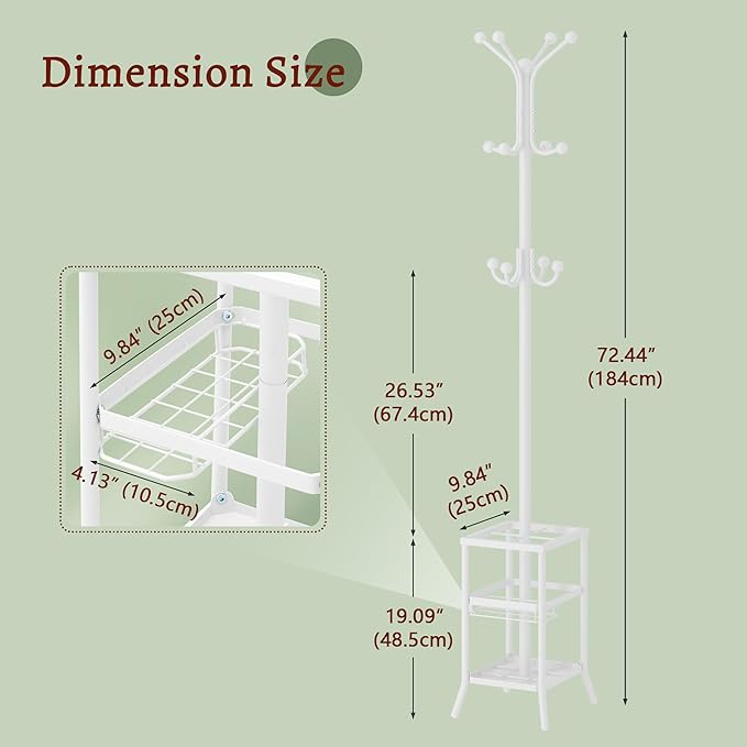 FAVOOSTY Coat Rack Freestanding,Coat Rack Stand with Umbrella Holder,Metal Coat Tree with 12 Hooks,Tree Clothes Hat for Entryway, Hallway, Bedroom, Living Room & Office -White-NeatNest