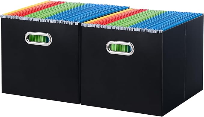 Oterri File Organizer, 2 Packs Large Storage Box, Cardboard File Folder Organizer, Collapsible File Box for Hanging File Folders Letter Size, Portable Filing Organizer with Handle (Black)