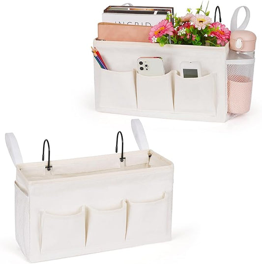 Bedside Caddy Organizer with Fixed Straps and Water Bottle Holder for Home, College Dorm, Hospital, Crib and Bunk Bed (2pcs White)-NeatNest