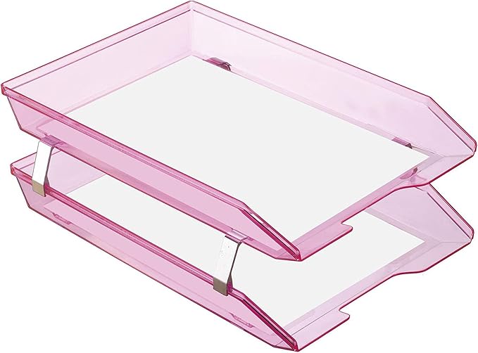 Acrimet Facility 2 Tier Letter Tray, Front Load, Letter Size/A4, Desktop File Organizer, Plastic (Clear Pink Color)-NeatNest
