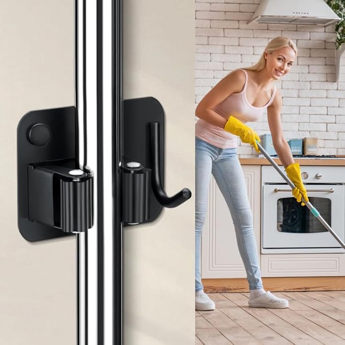 4-Pack Broom Holder with Heavy Duty Hooks, Upgraded Stainless Steel Mop Hanger. Wall Mount Utility Tool Rack for Kitchen Garden Laundry Garage. Matte Black.-NeatNest