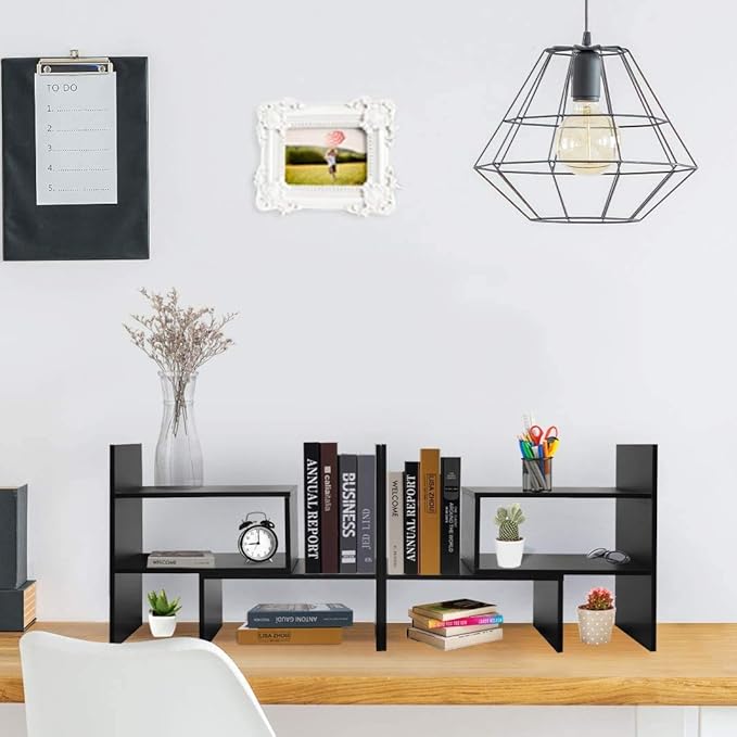 Natural Wood Bookcase,Bookshelf on Desk, Expandable Bookselves on Room,Organizer Expandable Desktop,Adjustable Desktop Shelves and Office Shelves,Counter Organizer Kitchen,Black-NeatNest