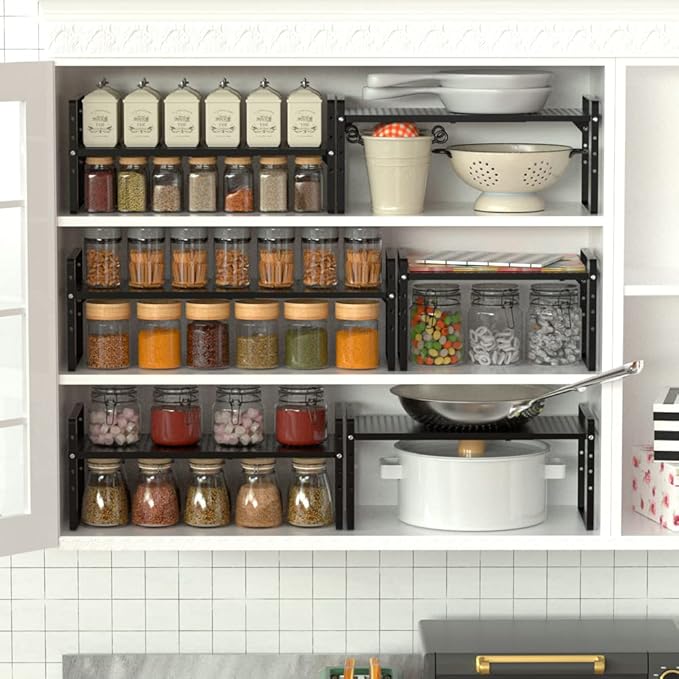 Expandable Kitchen Cabinet Shelf Organizers, Stackable Metal Pantry Storage Shelves Rack, Adjustable Counter Spice Shelf for Cabinets, Countertop, Cupboard, 2 Pack, Black-NeatNest