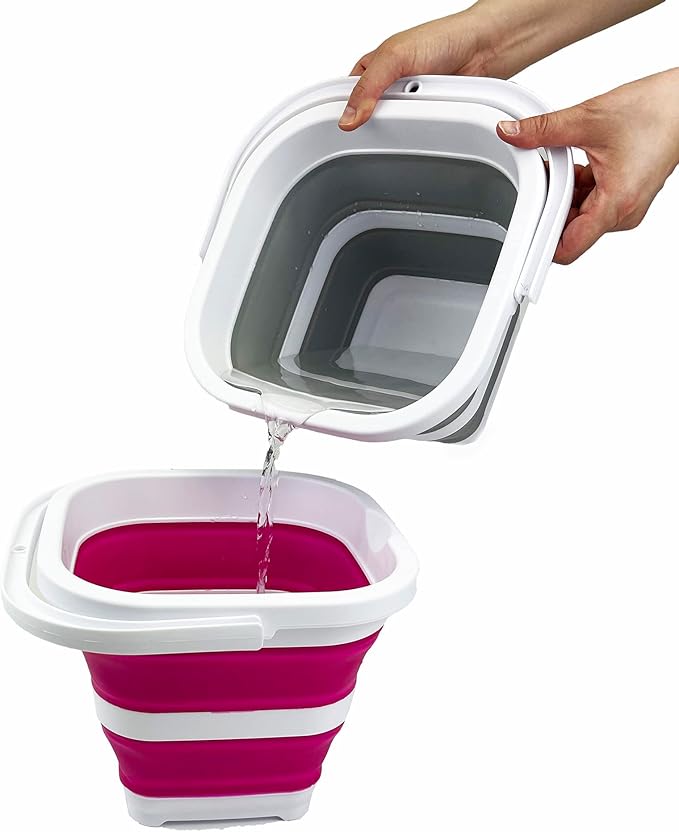 SAMMART Collapsible Rectangular Cleaning Bucket 5L (1.3 Gallon)- Foldable Camping Beach Sand Water Pot Pail- Portable Space Saving Tub for Household, Outdoor Car Washing (White/Flamingo)-NeatNest