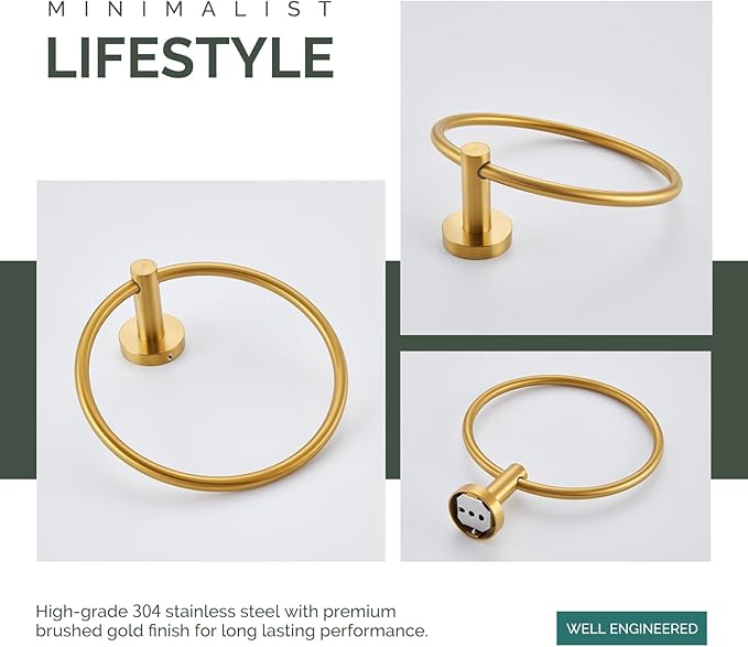 Bathroom Towel Ring Brushed Gold, Angle Simple SUS304 Stainless Steel Modern Towel Holder, Swivel Hand Towel Rack Wall Mounted