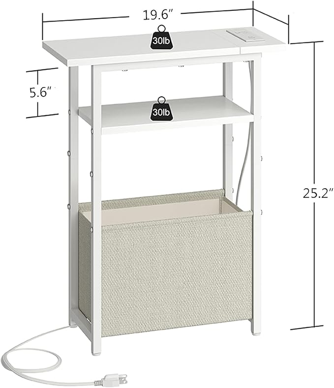 Narrow Side Table with Charging Station Set of 2, Small End Table for Small Spaces, Skinny Nightstands Set 2 with Storage Basket, 3 Tier Sofa Bedside Tables for Living Room,Bedroom, White