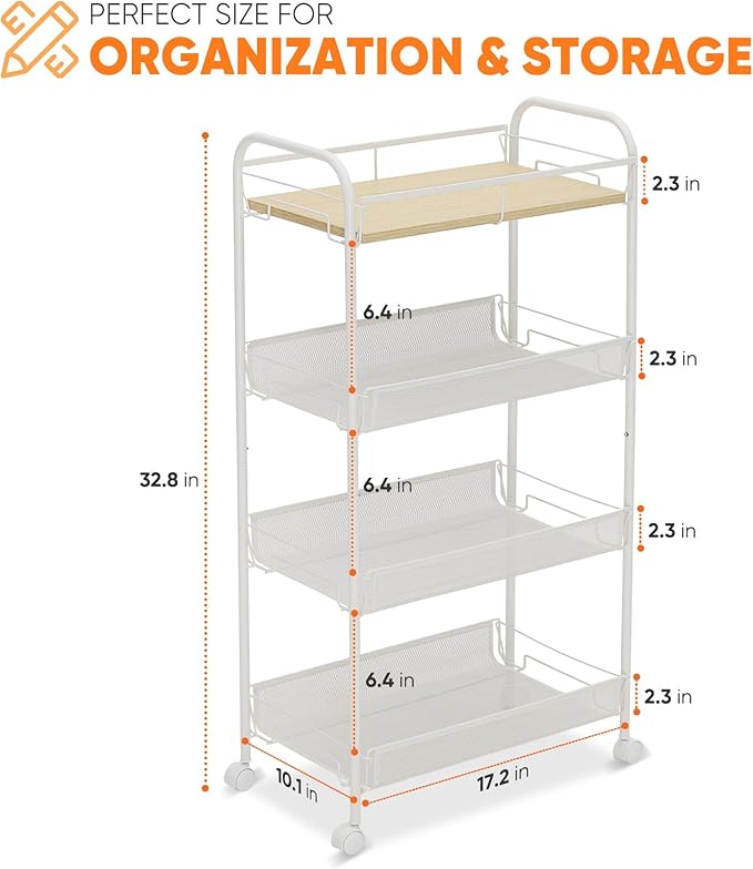 Sekey 4 Tier Rolling Cart Metal, Snap-Together Utility Cart on Wheels, Heavy Duty Storage Cart with Universal Wheels for Baby Nursery, Bathroom, Kitchen, Laundry Room, White