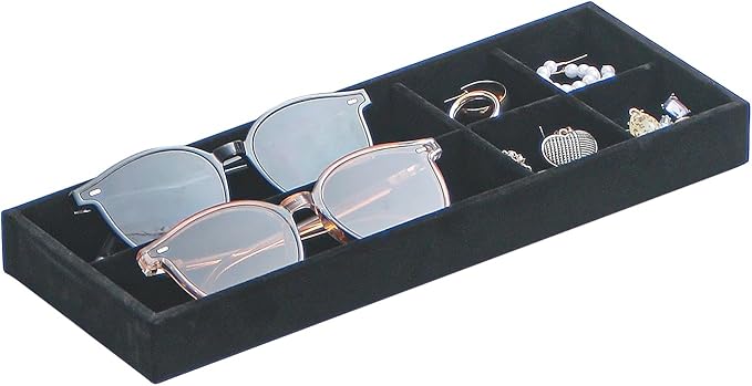Divided Drawer Organizer Tray, Velvet Jewelry Storage Tray, Necklace Bracelet Ring Earring Display Tray,Bedside Nightstand Desk Holder Tray for Phone Watch Sunglasses Cosmetics Storage/Black/6grid-NeatNest