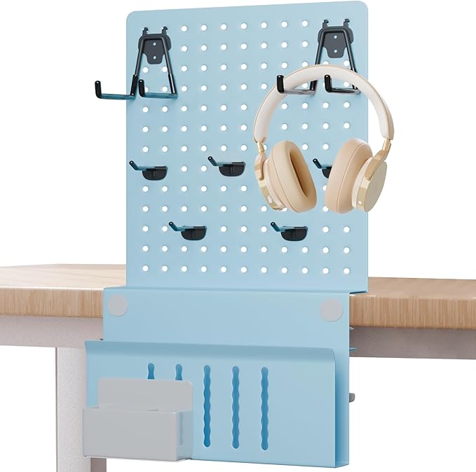 Desk Side Storage with Clamp-On Desk Pegboard, Steel Privacy Panel, No-Drill Desk Organizer with Pen Holder, Table-Side Laptop Holder for Office and Home (Blue)-NeatNest