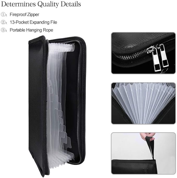 ENGPOW Expanding File Folder (11.4"x6.7") A5 Size Document Organizer Fireproof Money Bag 13 Pockets Zipper Closure Portable Filing Wallet Holder Storage for Check,Bill,Receipts,Tickets