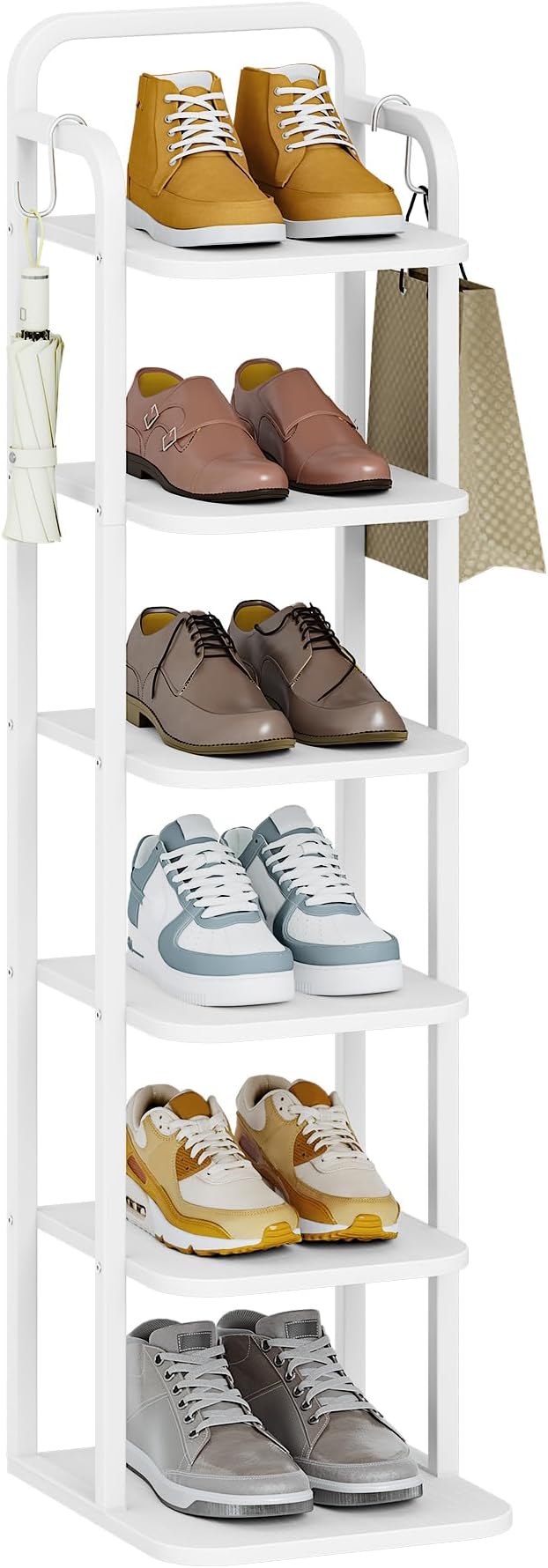 6 Tiers Vertical Shoe Rack, Narrow Shoe Tower, Tall Shoes Shelf with 2 Hooks, Adjustable Shelves, Corner Shoes Shelves for Small Spaces, Entryway, Living Room, White SR04213W-NeatNest