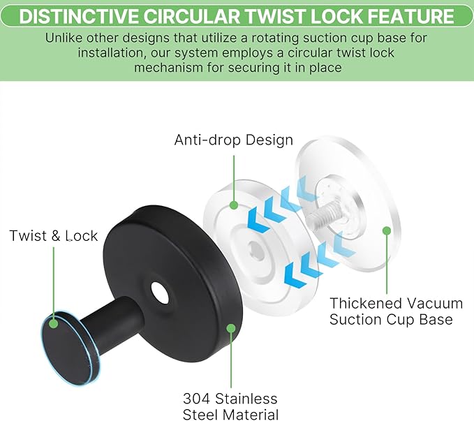 Black Waterproof Suction Cup Hooks, 2-Pack Heavy Duty Stainless Steel No Drill Shower Hooks for Hanging Towels, Robes, Loofahs, Holder Holds Strong on Tile, Glass, Mirror, Wall, Bathroom Door-NeatNest