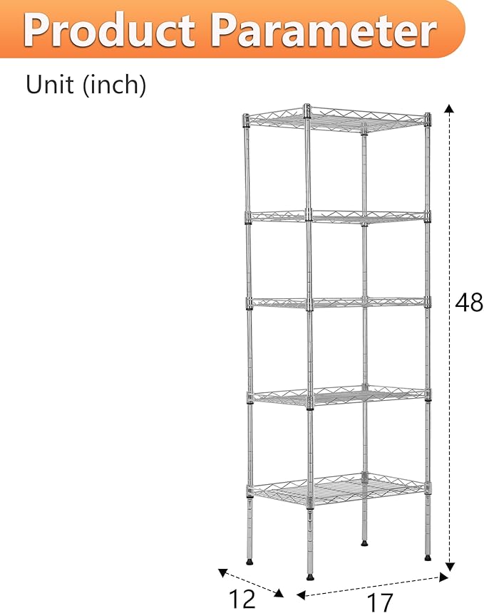 BestOffice 5 Tier Garage Shelving Heavy Duty Metal Shelves 17”D x 12”W x 48”H Easy Assemble Storage Shelves NSF Certified Wire Shelving with Leveling Feet for Garage Home Office, Chrome-NeatNest