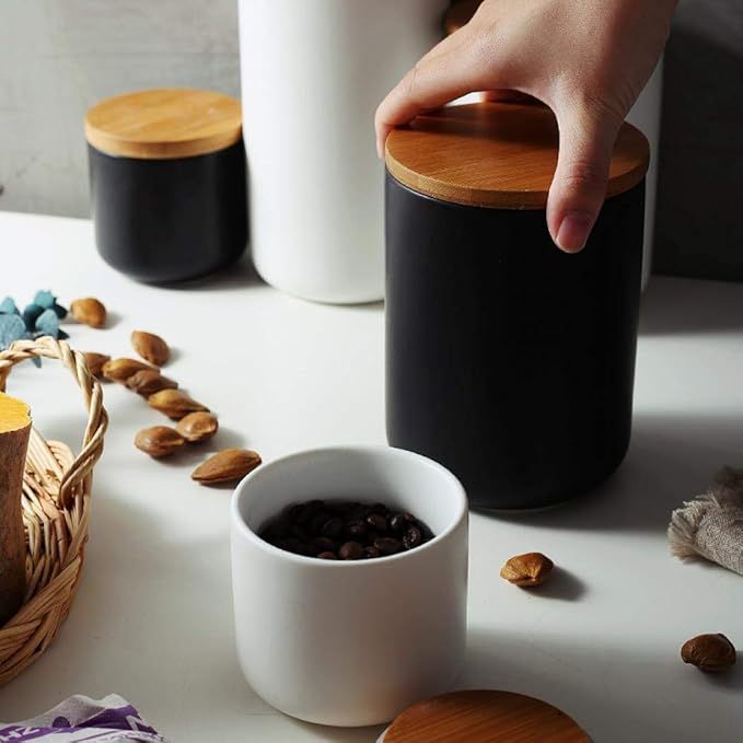 jessie Ceramic Storage Containers with Airtight Seal Bamboo Lids Kitchen Canisters for Tea Spice Seasoning Sugar Coffee (black, 260ml/9 oz)