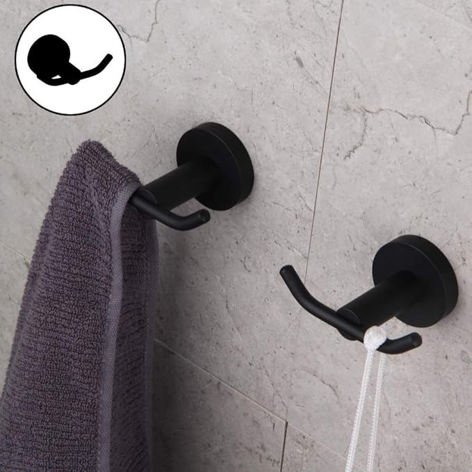 GERZ Bathroom Matte Black Coat Hook SUS 304 Stainless Steel Double Towel/Robe Clothes Hook for Bath Kitchen Modern Hotel Style Wall Mounted 2 Pack AG61908-2BK