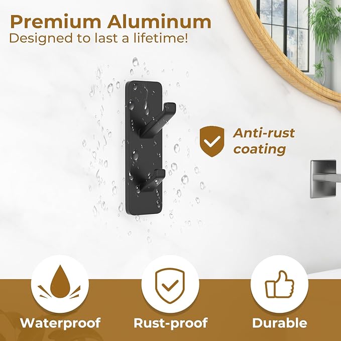 Black 6 Pack Aluminum Coat Hooks, Heavy Duty Self Adhesive Hooks for Hanging, 13LB Capacity, Bathroom Towel Shower Kitchen Door Hooks, 6 Pack-NeatNest