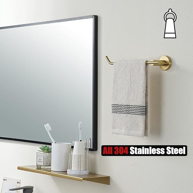 JQK Brass Gold Hand Towel Bar, Stainless Steel Towel Ring for Bathroom, 9 Inch Necklace Holder Brushed Golden Wall Mount Left Hand, TR101-BG