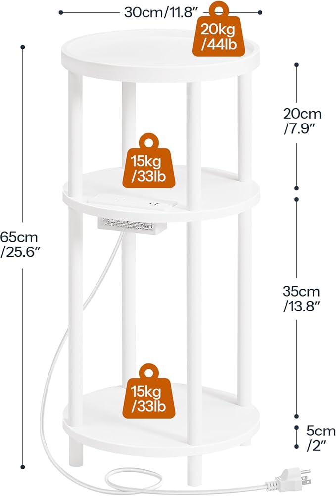 HOOBRO Small Round Side Table with Charging Station, 3-Tier Round Bamboo End Table, Compact Sofa Bedside Table for Small Space, Easy Assembly, for Living Room, Bedroom, Apartment, White WT152UBZ01